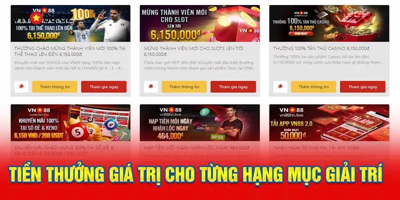 Tiền thưởng giá trị cho từng hạng mục giải trí